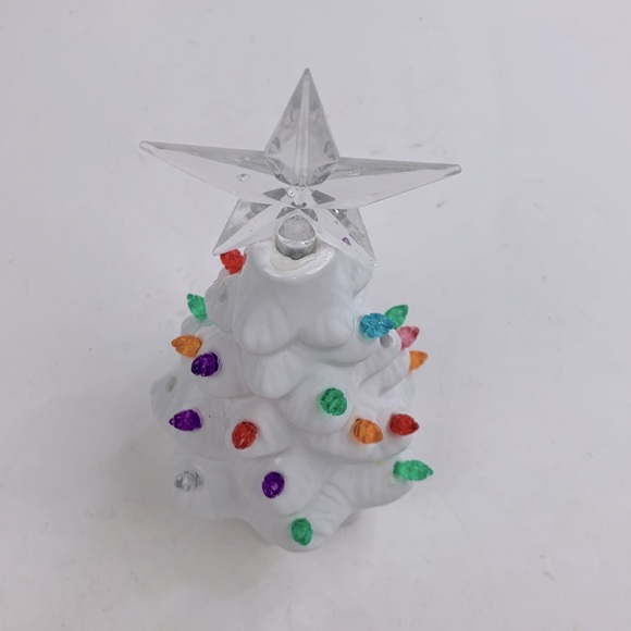 Ceramic Christmas Tree Small White Multicolored lights Star on top 7.5” tall - Picture 2 of 8